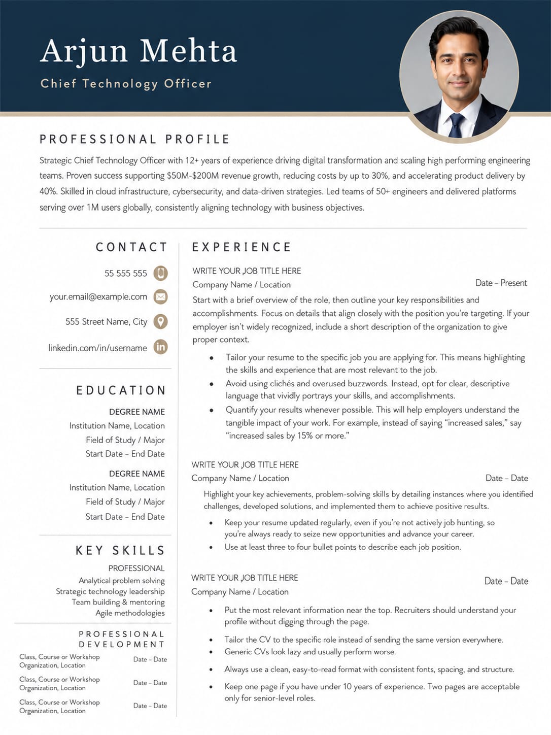 Chief Technology Officer - Arjun Mehta Resume Example Preview