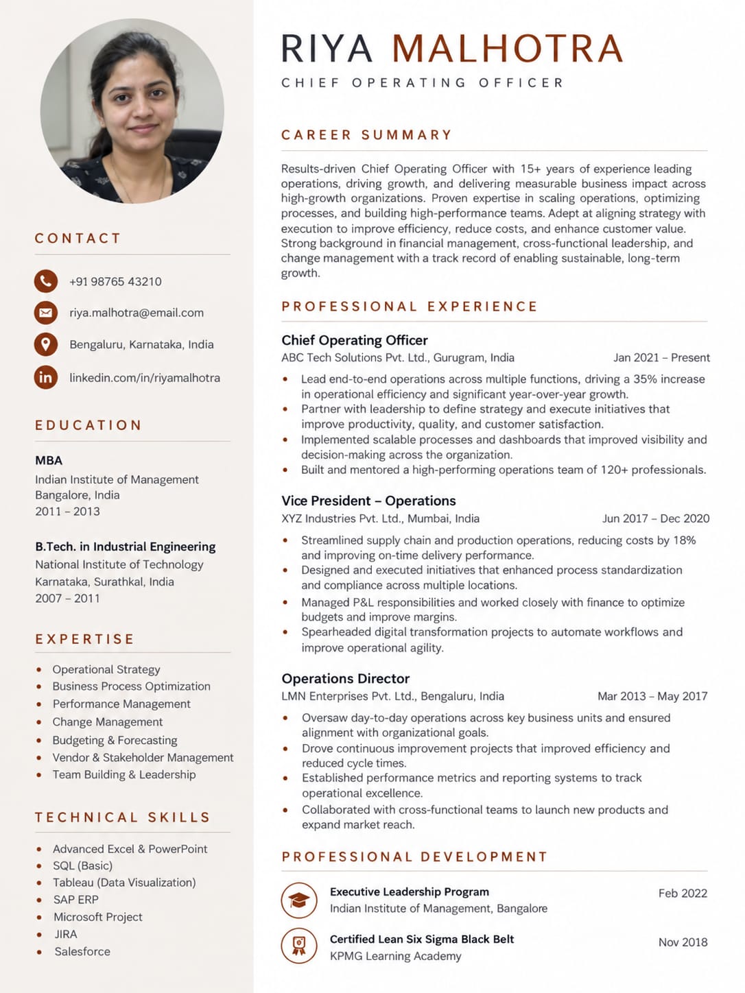 Chief Operating Officer - Riya Malhotra Resume Example Preview